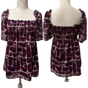 Gianni Bini Women’s 10 Purple Geo Print Smocked Square Neck Peasant Top Boho